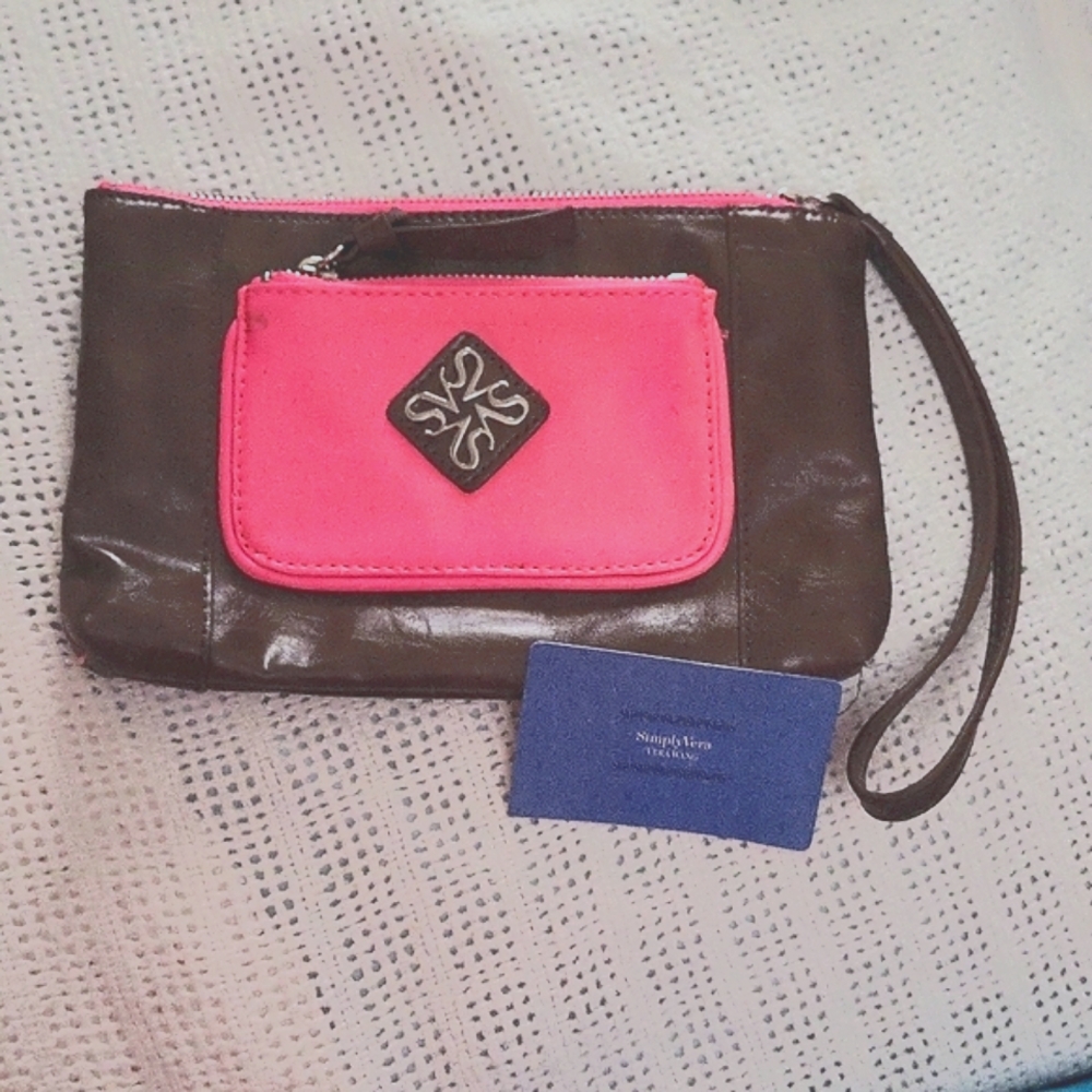 Vera Wang Brown/Pink Leather Wristlet Purse